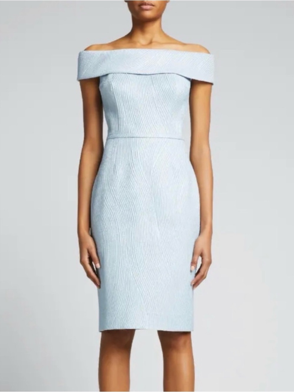 Rickie Freeman for Teri Jon
Off-Shoulder Metallic Jacquard Sheath Dress